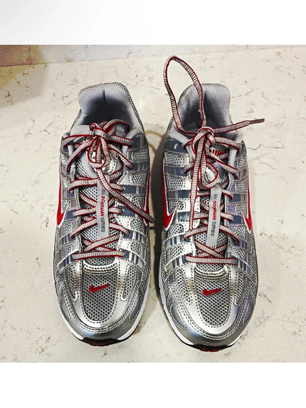 Nike P-6000 Metallic Silver Gym Red HV5064-002 Size 7Y Youth Men 7 Women 8.5